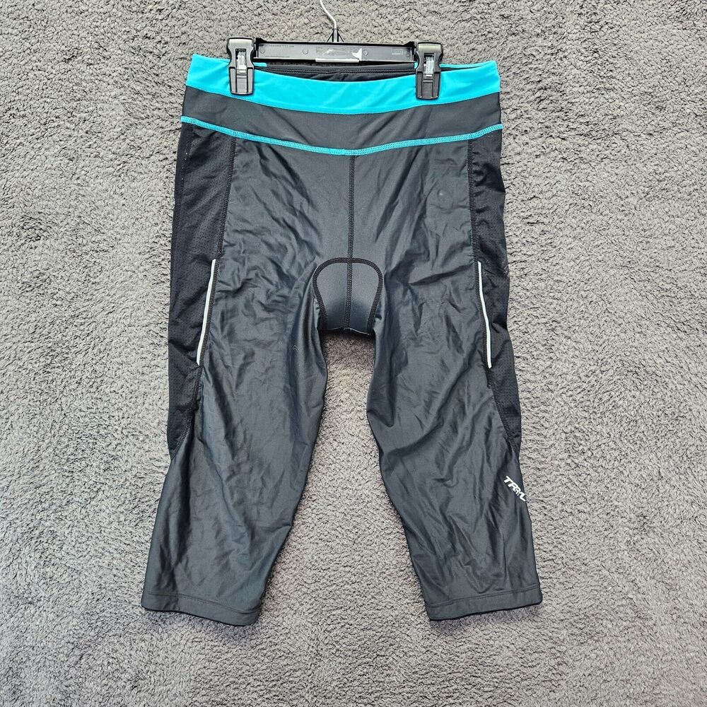 TRAYL‎ Capri Cycling Pants Womens Medium Black Blue Padded Cropped Leggings